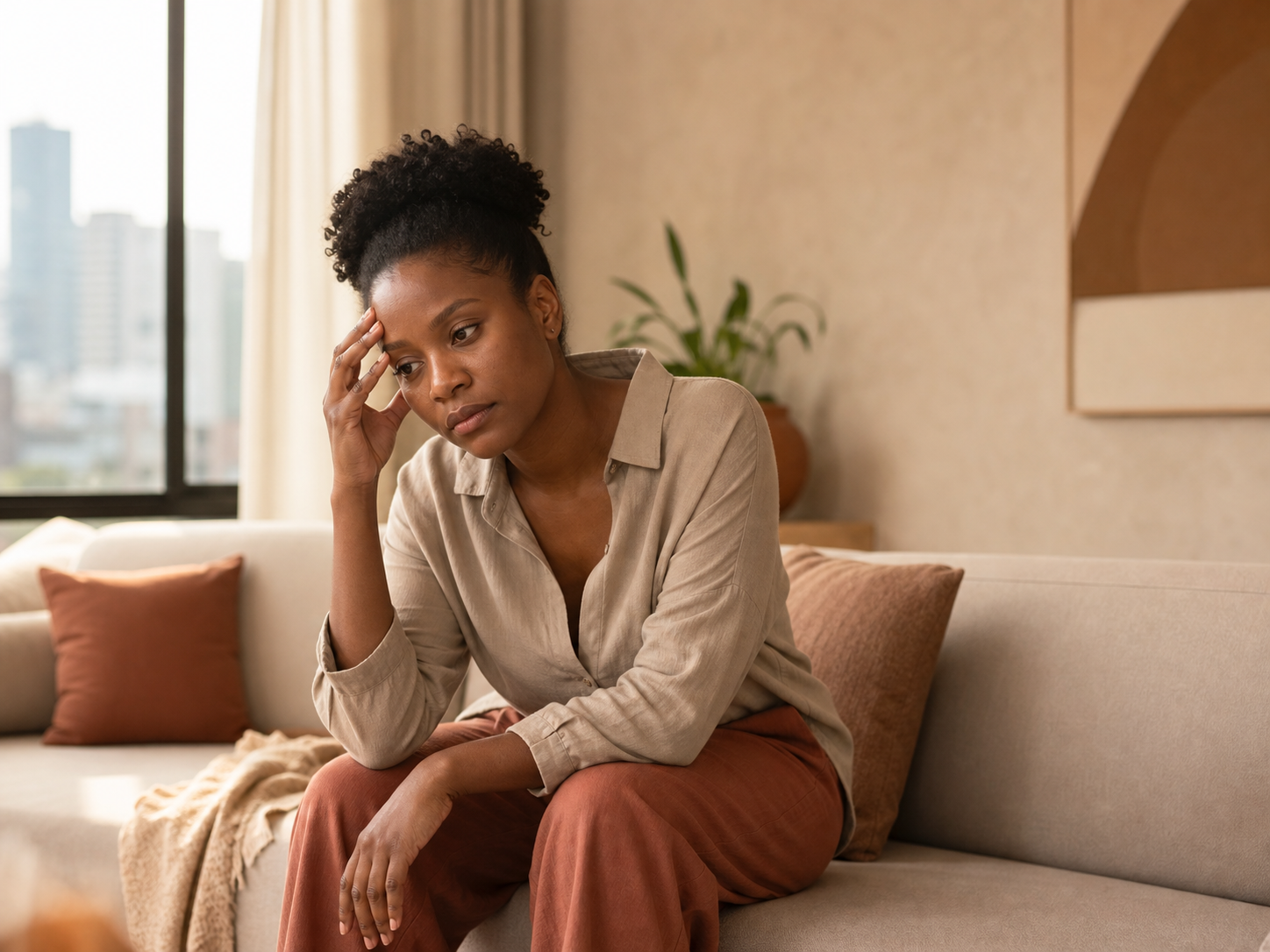 A woman pausing with the emotional weight of feeling overwhelmed