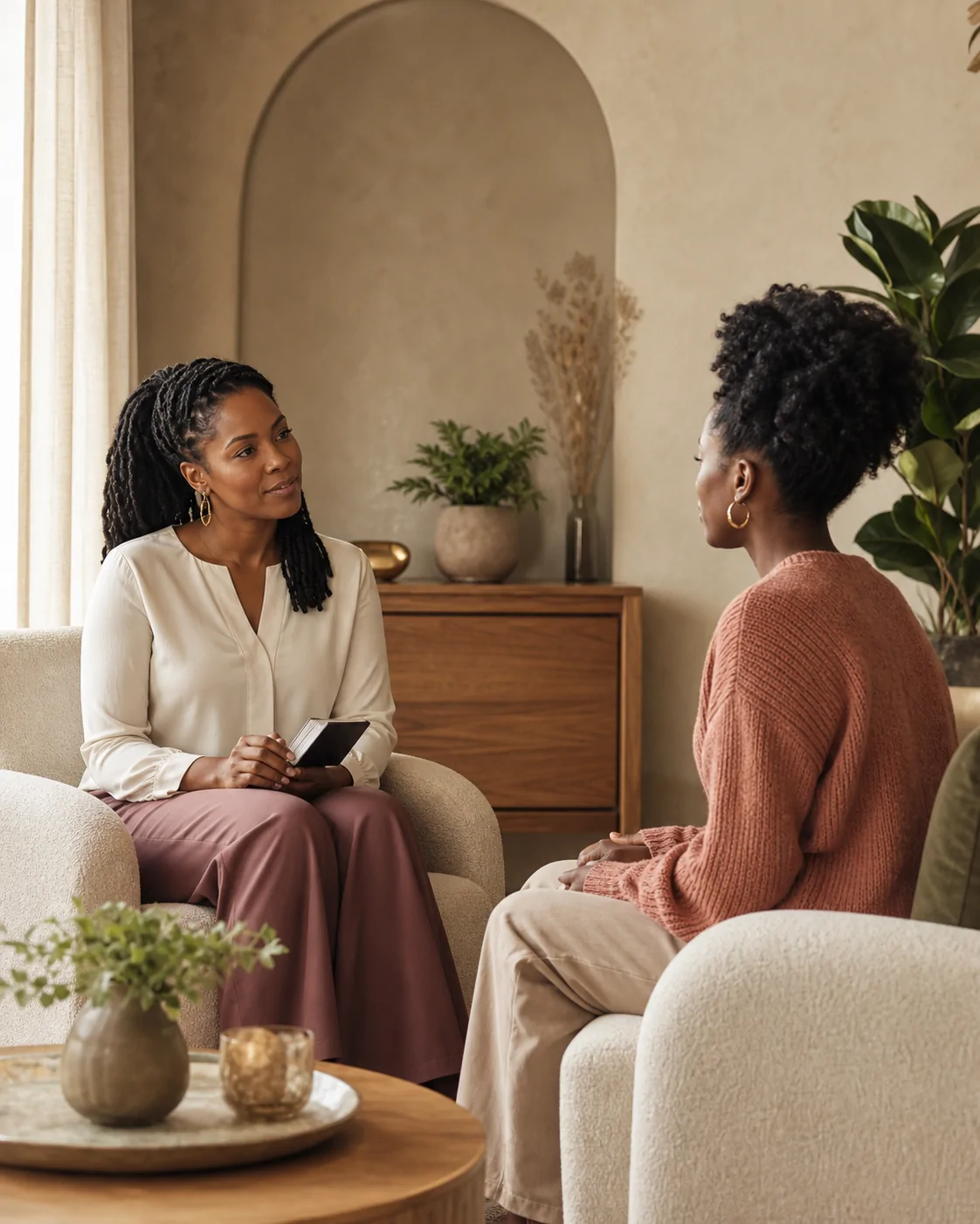 A warm, attentive therapy conversation