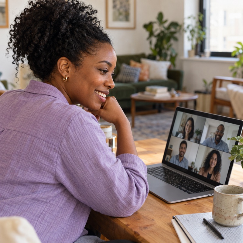 A woman connecting to online support from home