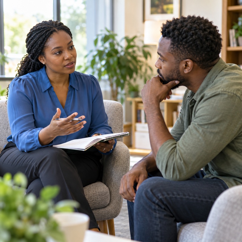 A counselling professional guiding a reflective exercise